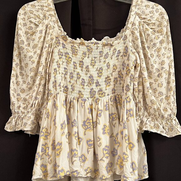 Floral Cropped Puff Sleeve Smocked Blouse Peasant Boho Prairie Top Size Medium - Picture 1 of 7
